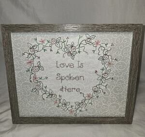 Vintage Handmade Handstitched Embroidery Piece Love Is Spoken Here Framed 8x10